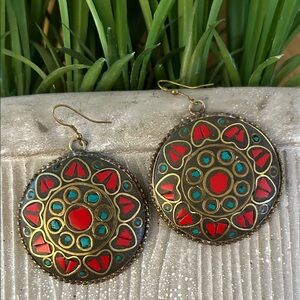Tribal drop mosaic earrings goldtone brass coral turquoise, Aztec, Tibetan vibes